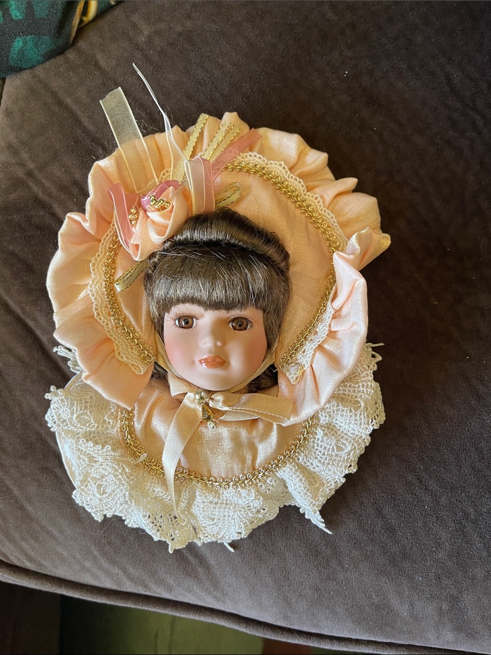 Porcelain Collector Doll in Peach Lace Bonnet - ornaments brown hair